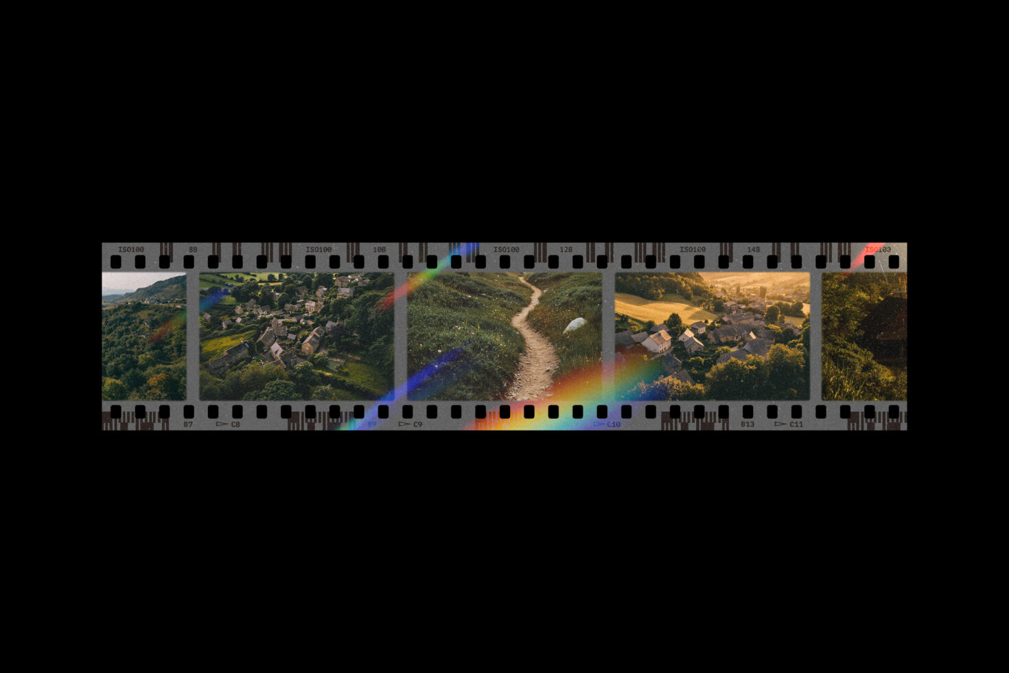 Vintage film strip mockup featuring scenic countryside views with paths and villages, ideal for designers seeking retro graphic templates and backgrounds.