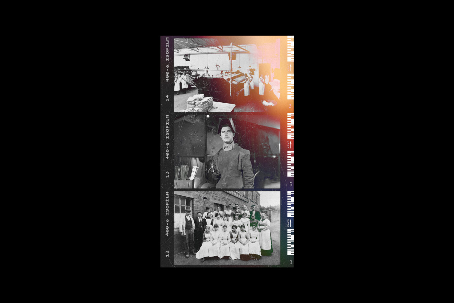 Vintage collage with factory workers and group portrait in black and white. Retro film strip design ideal for vintage graphics and design templates.