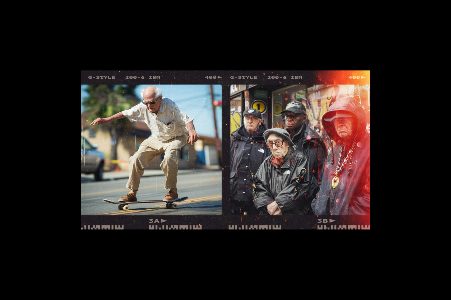 Elderly man skateboarding in street juxtaposed with older group in urban setting film style photography mockup creative graphics vintage aesthetic
