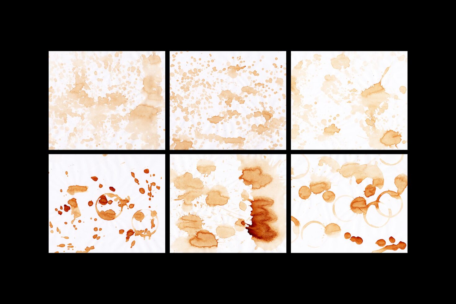 Six coffee stain textures on white background ideal for graphic design projects digital assets for designers splash effects grunge style templates