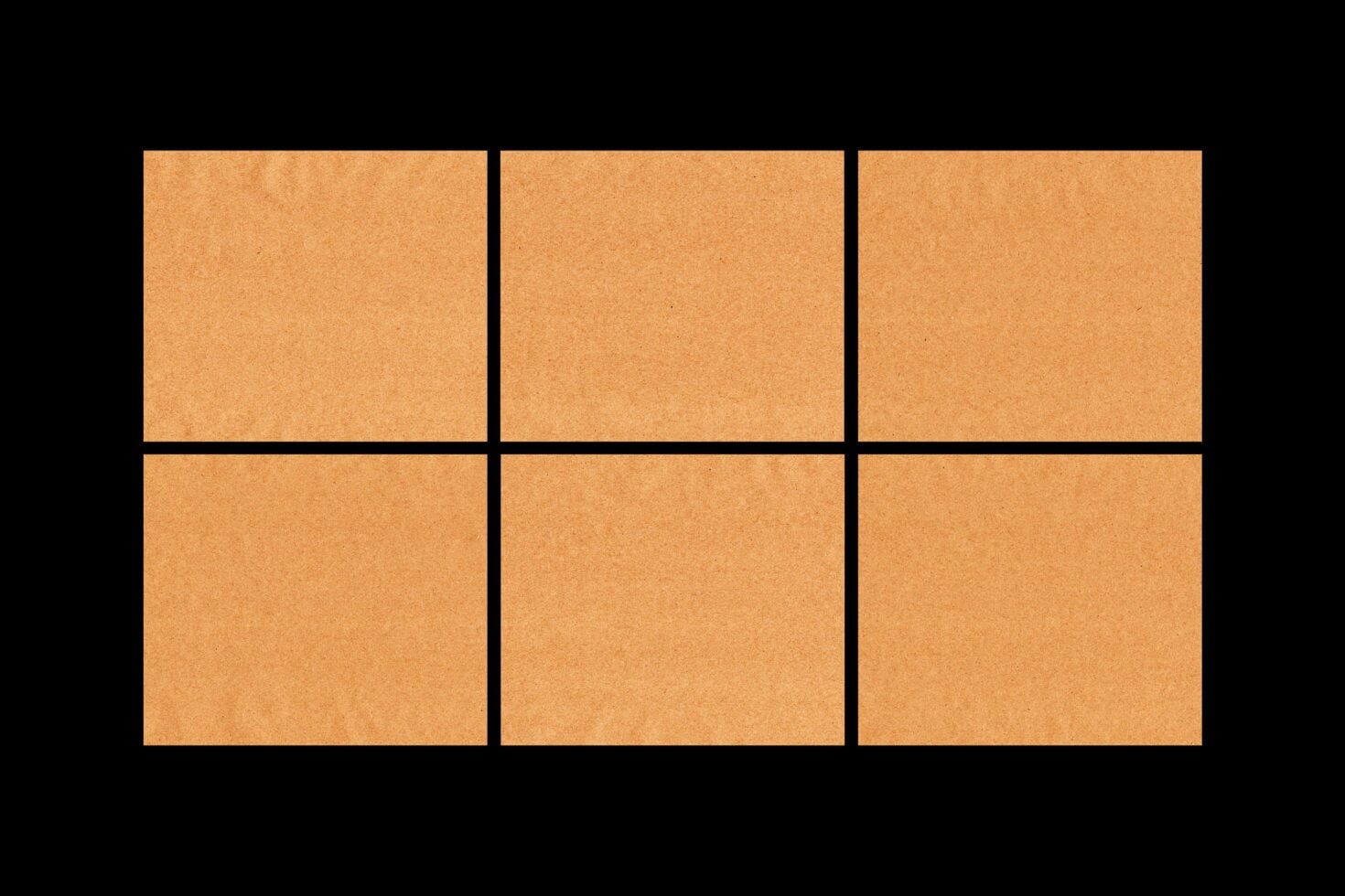 Six kraft paper rectangles in a 2x3 grid layout separated by black borders