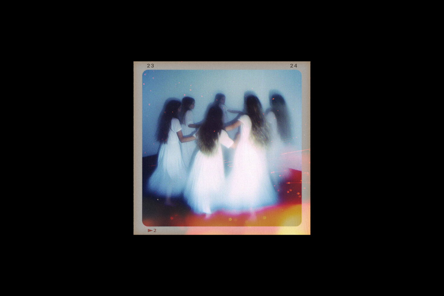 Blurred photo of girls in white dresses holding hands, ethereal aesthetic, dreamy visuals, photography overlay, art design for graphics and templates
