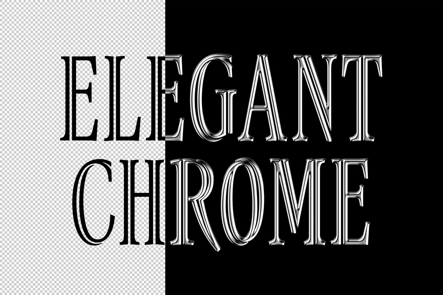 ALT description: Elegant chrome font on transparent and black background, suitable for digital design projects, typography assets, and graphic design templates.