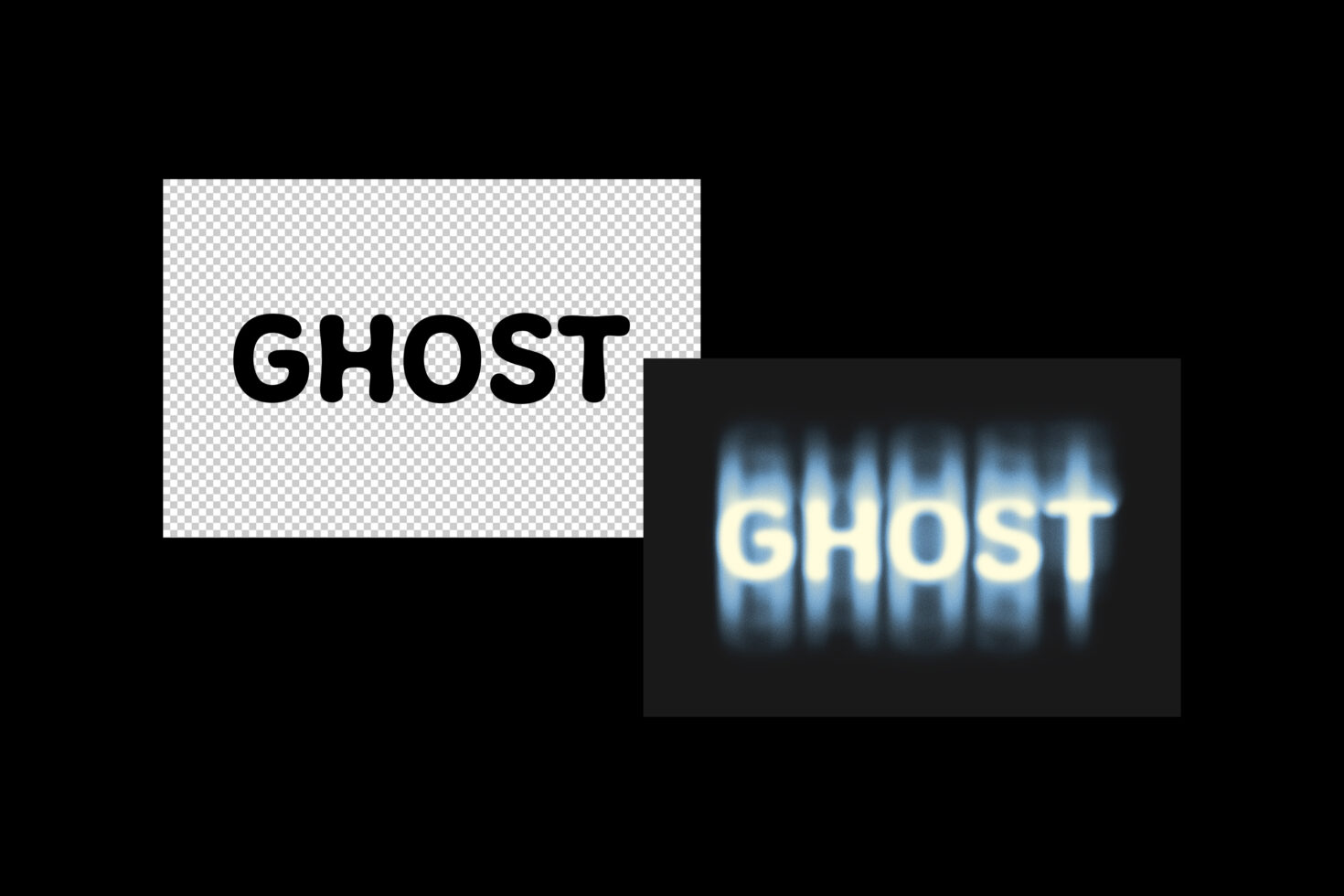 Ghost text effect comparison showing normal and blurred font styles on transparent background for graphic design templates and mockups.