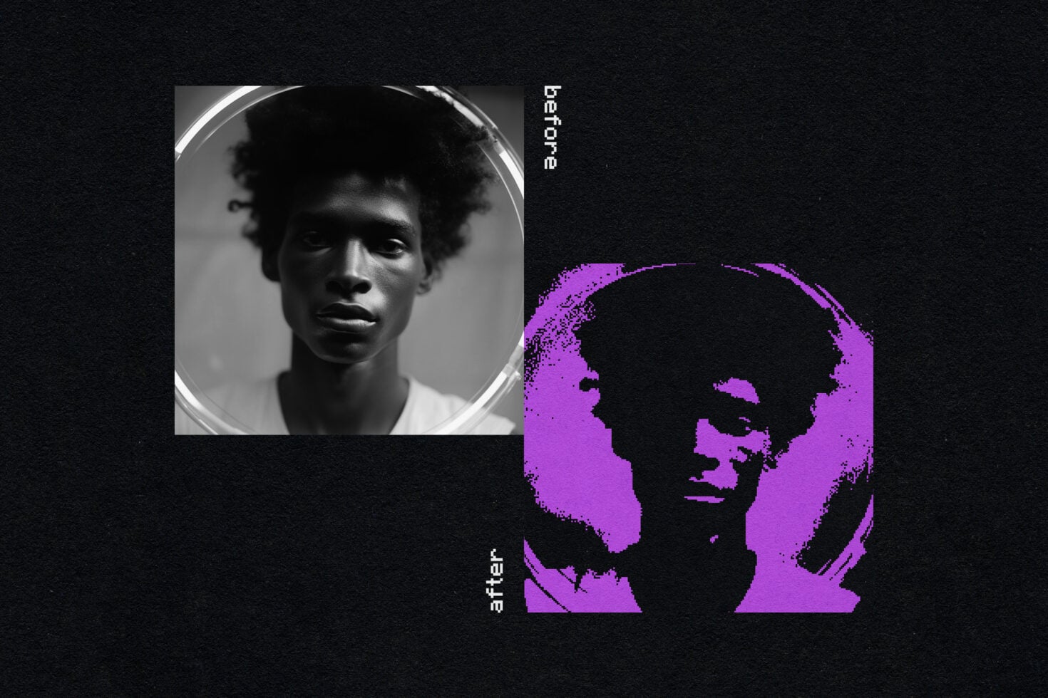 Before after portrait effect, grayscale to neon purple pixelated silhouette