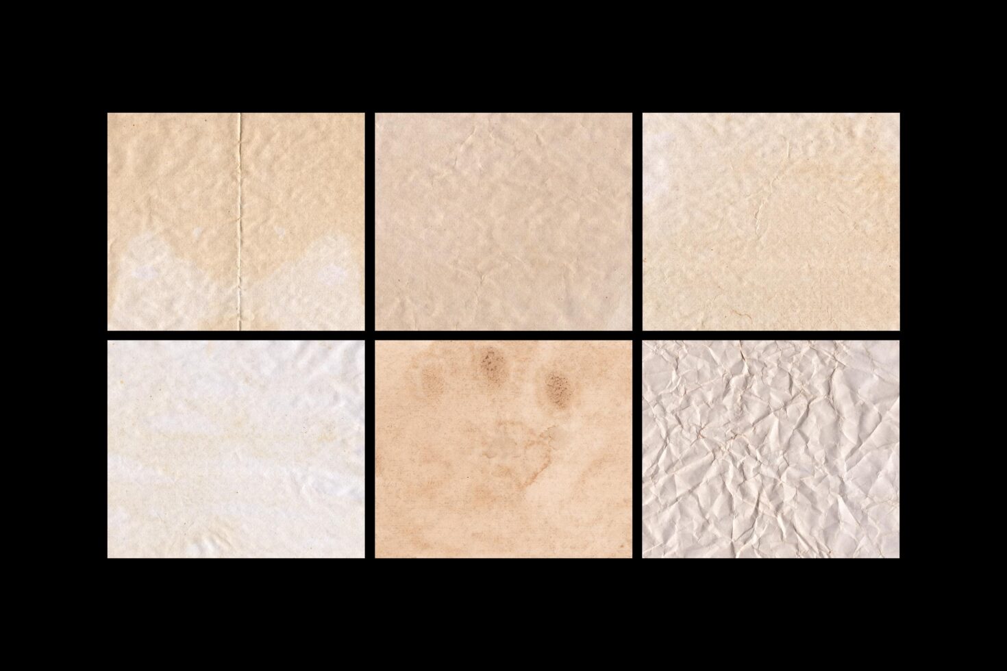 Set of six vintage paper textures, perfect for mockups and graphic design projects. Includes crumpled and stained surfaces. High-resolution digital assets.
