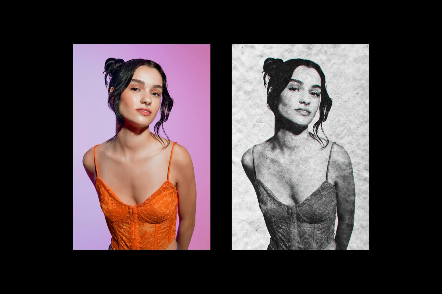 Colorful portrait styled with vibrant orange outfit on left, grayscale version on right; fashion photography, digital mockup for design projects.