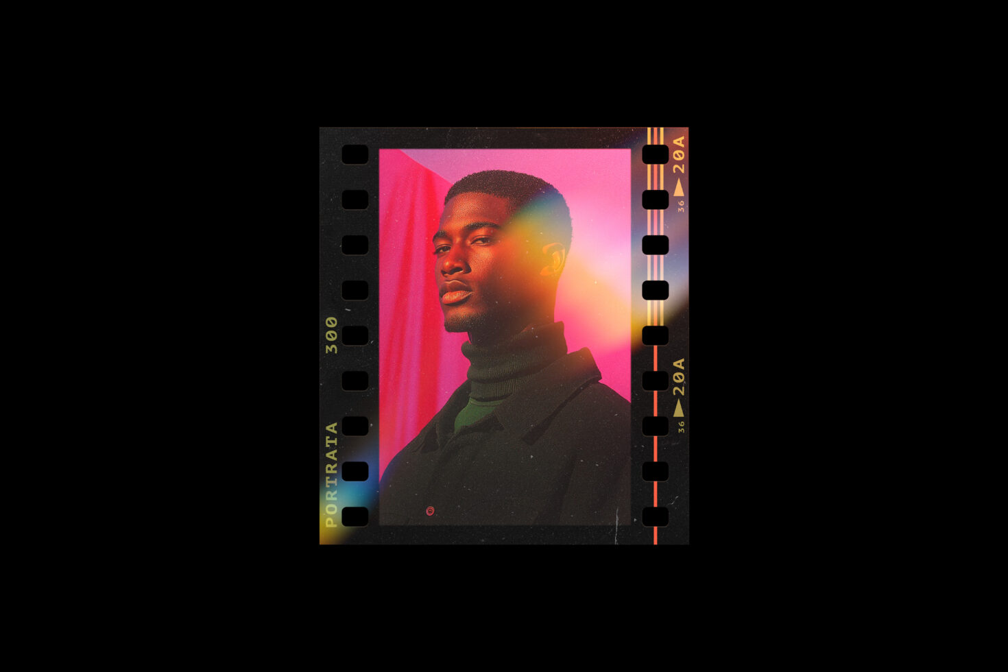 Vintage film portrait of a man in a turtleneck against a vibrant backdrop, with light flares and film reel details. Ideal for graphic designers.