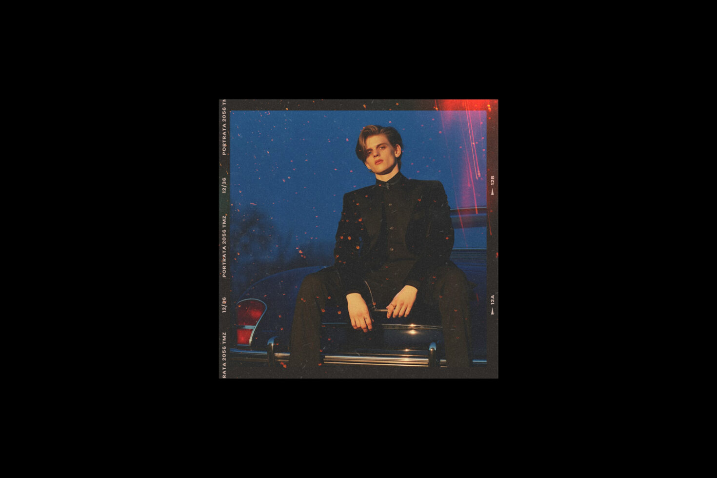 Retro-inspired graphic template featuring a person in a black suit sitting on a vintage car at night. Perfect for fashion posters and creative design use.