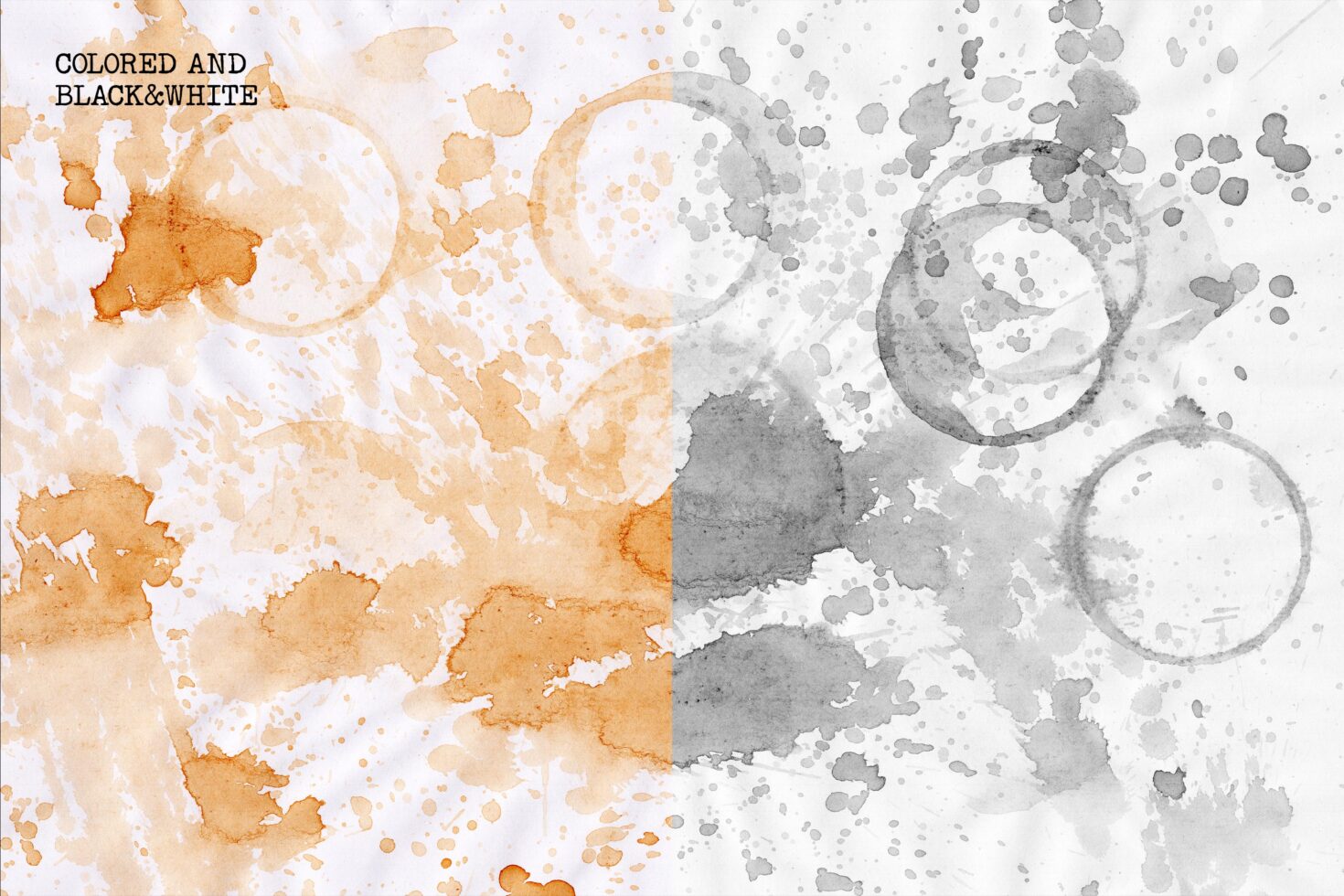 Coffee and ink splatter texture in color and black and white format suitable for digital art projects backgrounds and design templates.