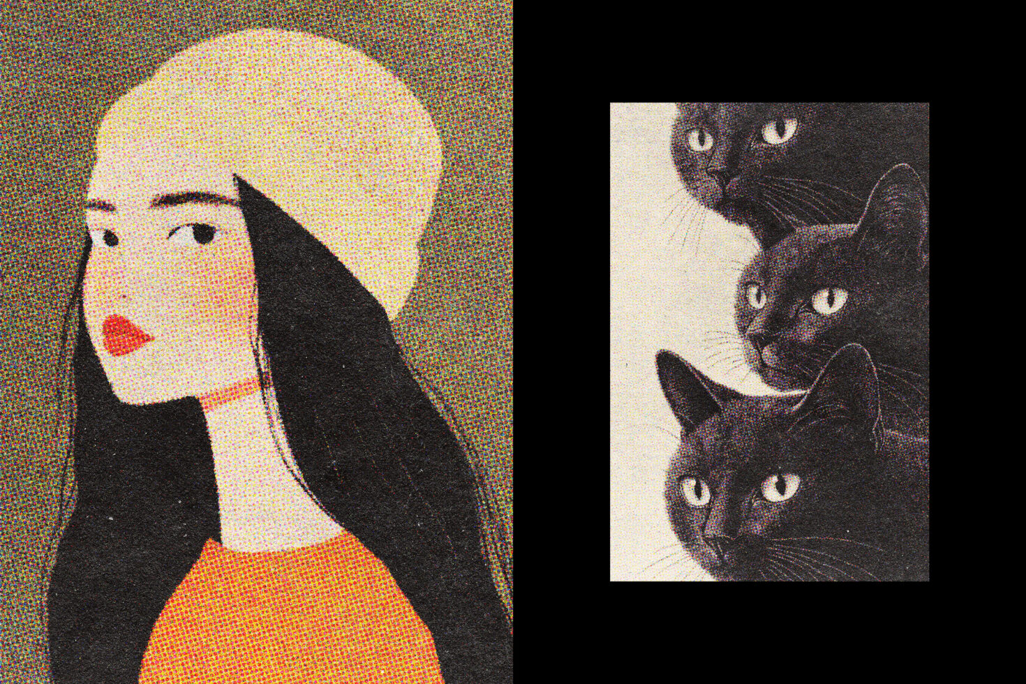Illustration of a woman with a beige hat and three black cats. Retro style, textured design. Perfect for graphic projects and artistic templates.