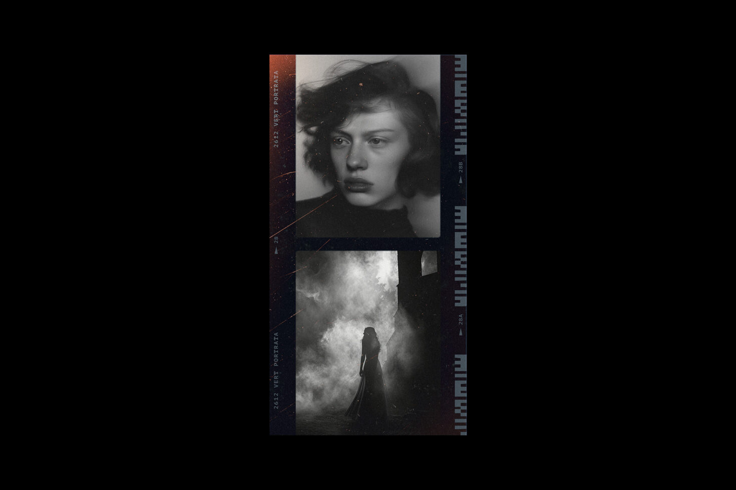 Vintage film strip design featuring dramatic black and white portraits. Perfect for graphic designers looking for unique photography templates.