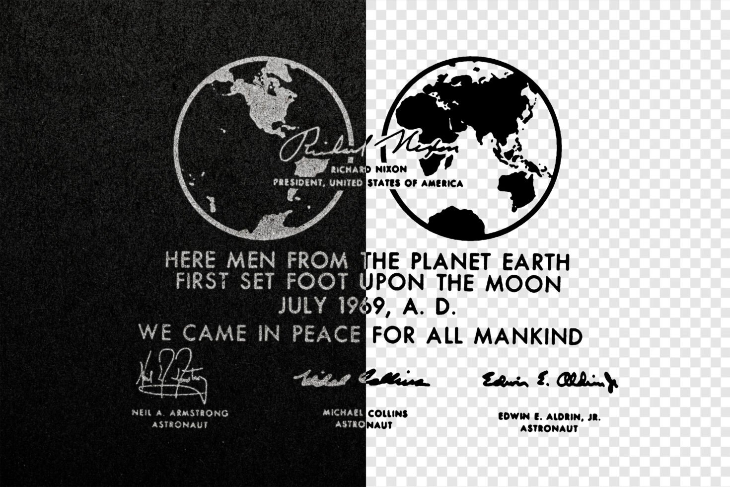 Vintage moon landing plaque design featuring Earth illustration and astronaut signatures. Perfect for historical graphics and template projects. Mars, space.