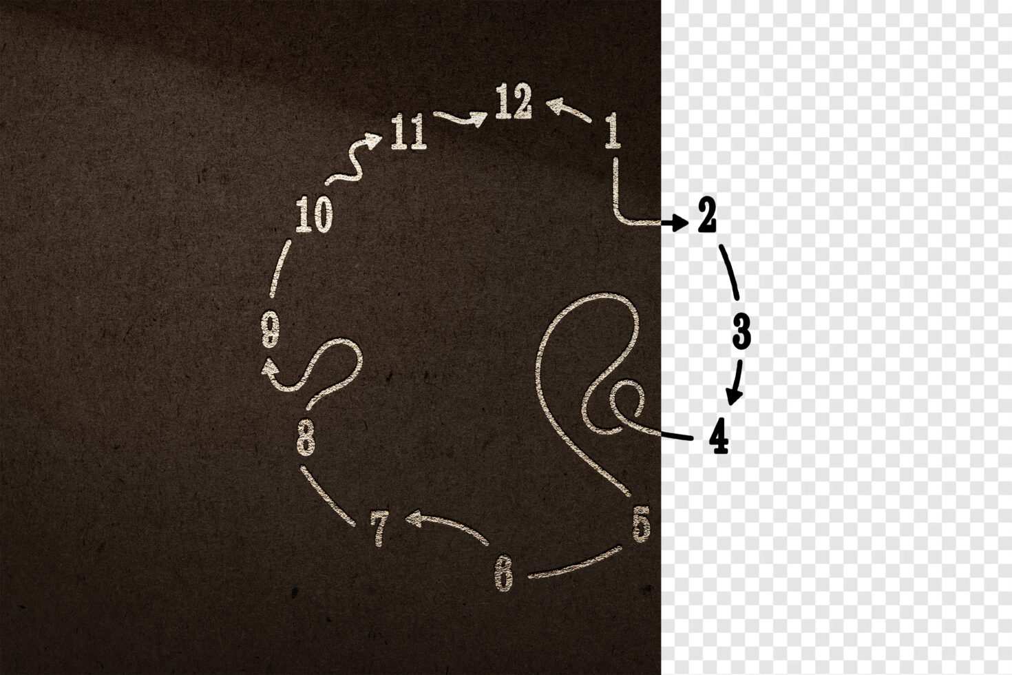 Dark textured background with vintage clock design, numbers 1-12 in distressed white, arrows indicating direction. Perfect for graphics, mockups, templates.