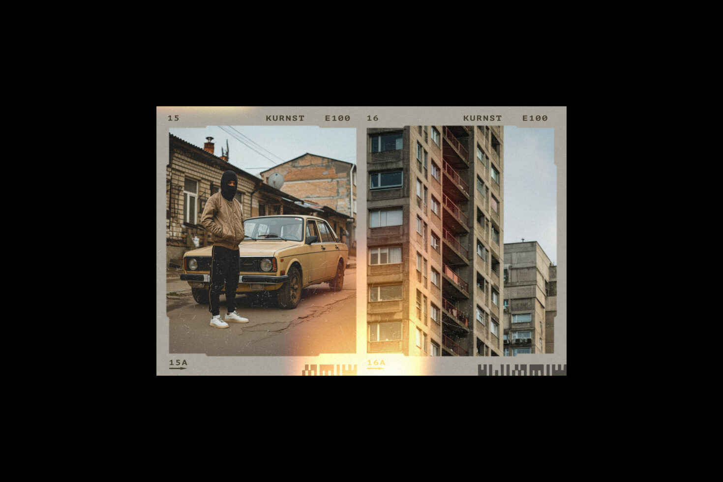 Urban vintage photo collage featuring a man in streetwear with classic car and high-rise building. Perfect for graphic design projects and cityscape templates.