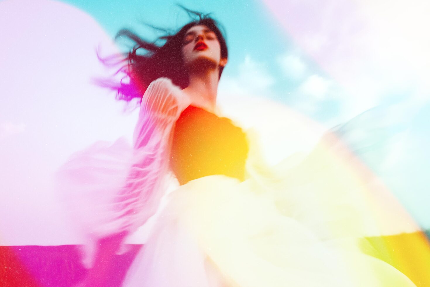 Vibrant abstract effect with blurred female figure in motion. Perfect for creative design projects and artistic visual concepts. Ideal for designers.