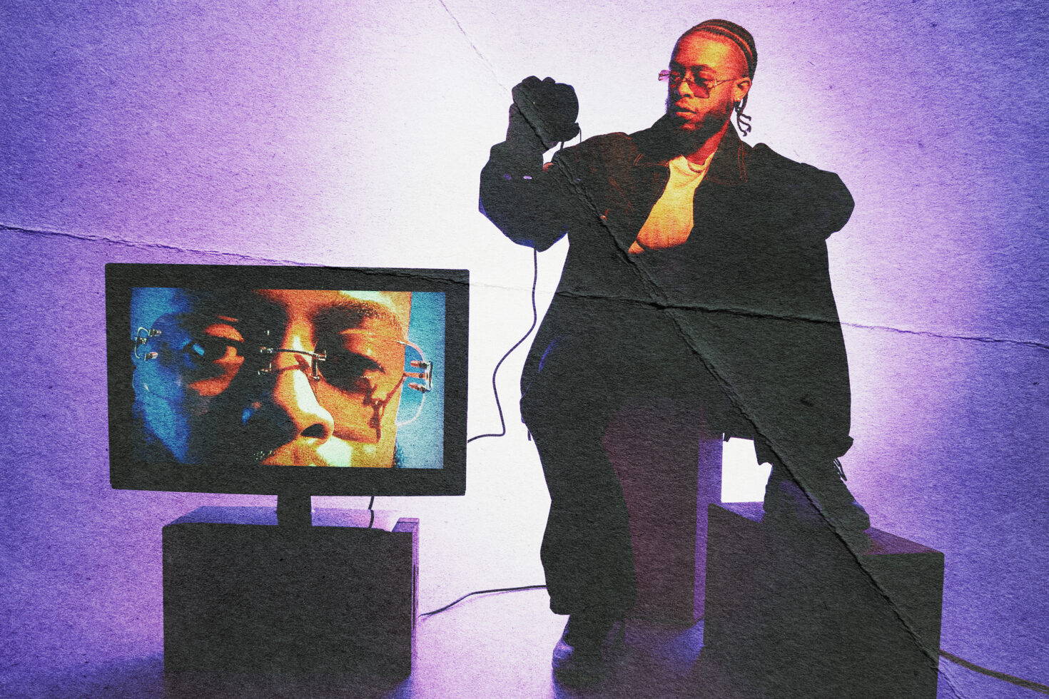 Abstract art featuring a person posing with a TV, displaying their reflection. Vibrant colors and texture perfect for digital graphics and design projects.