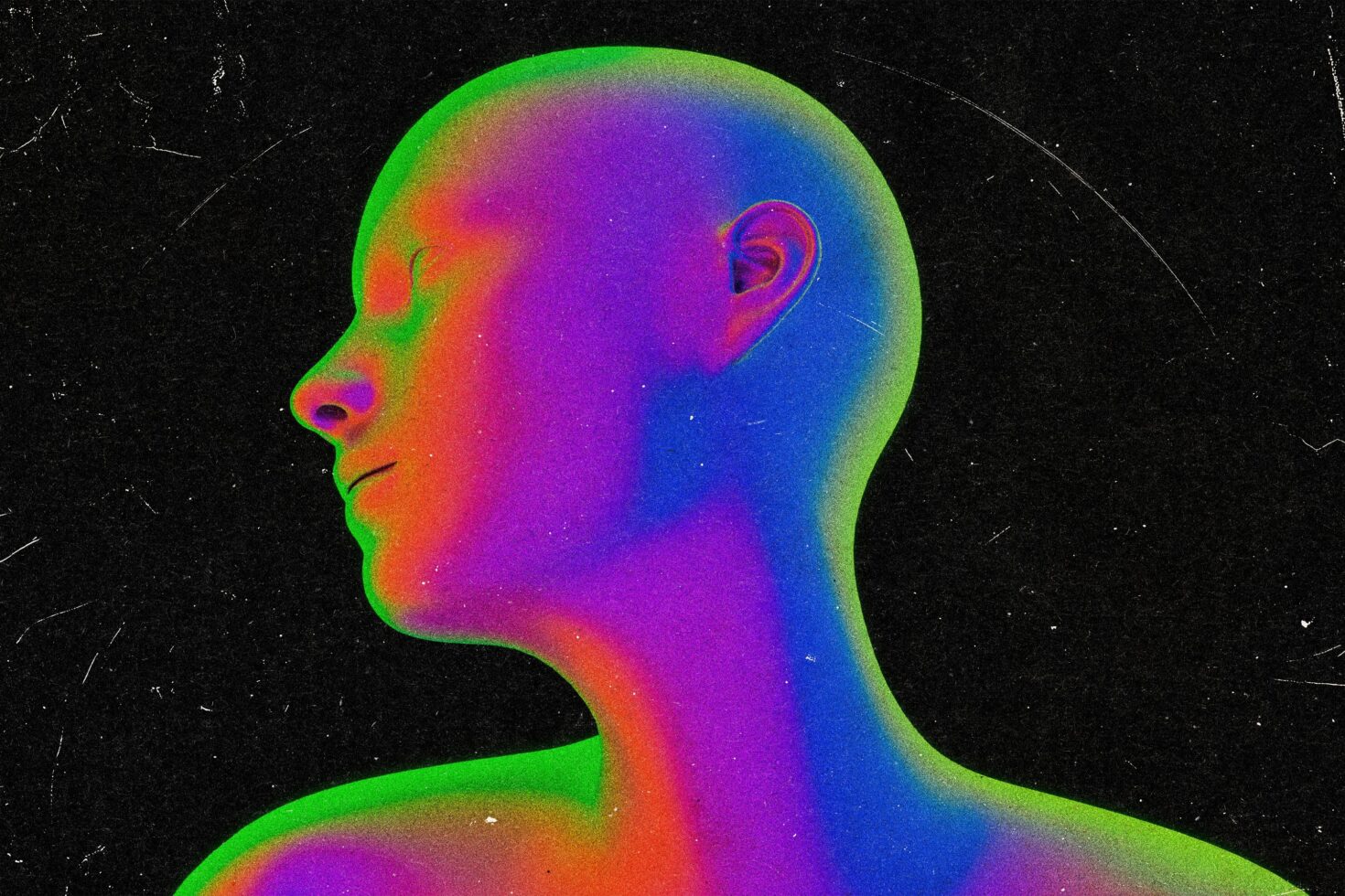 Vibrant digital art of a textured human silhouette in rainbow colors on a dark background perfect for designers seeking unique graphic templates and resources.