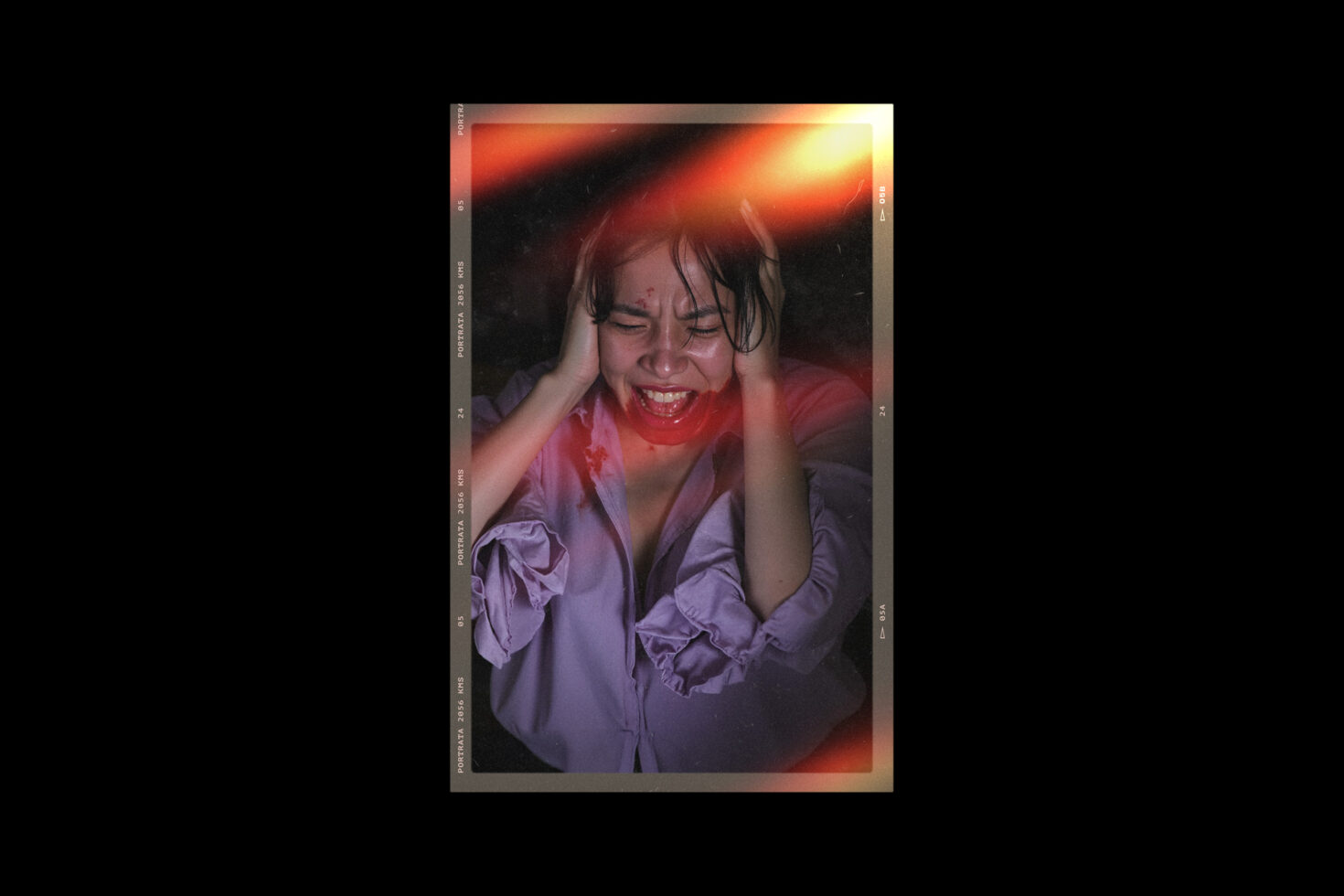 Person in purple shirt with intense expression, warm orange light overlay, film frame format