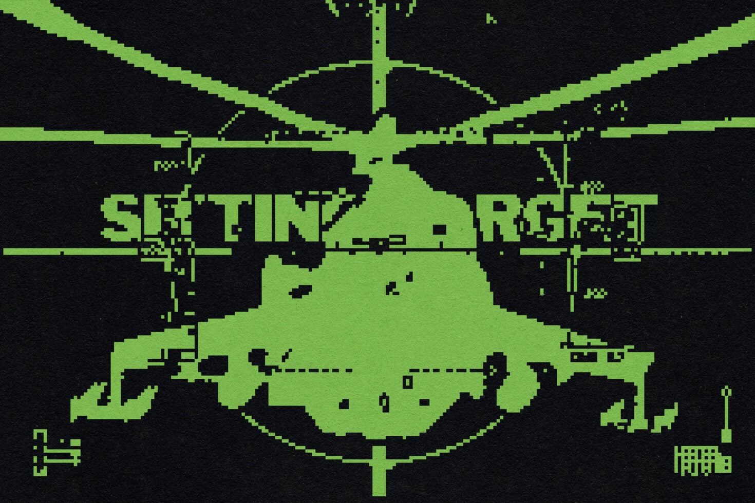 Lime green retro helicopter silhouette with targeting reticles, glitch effects
