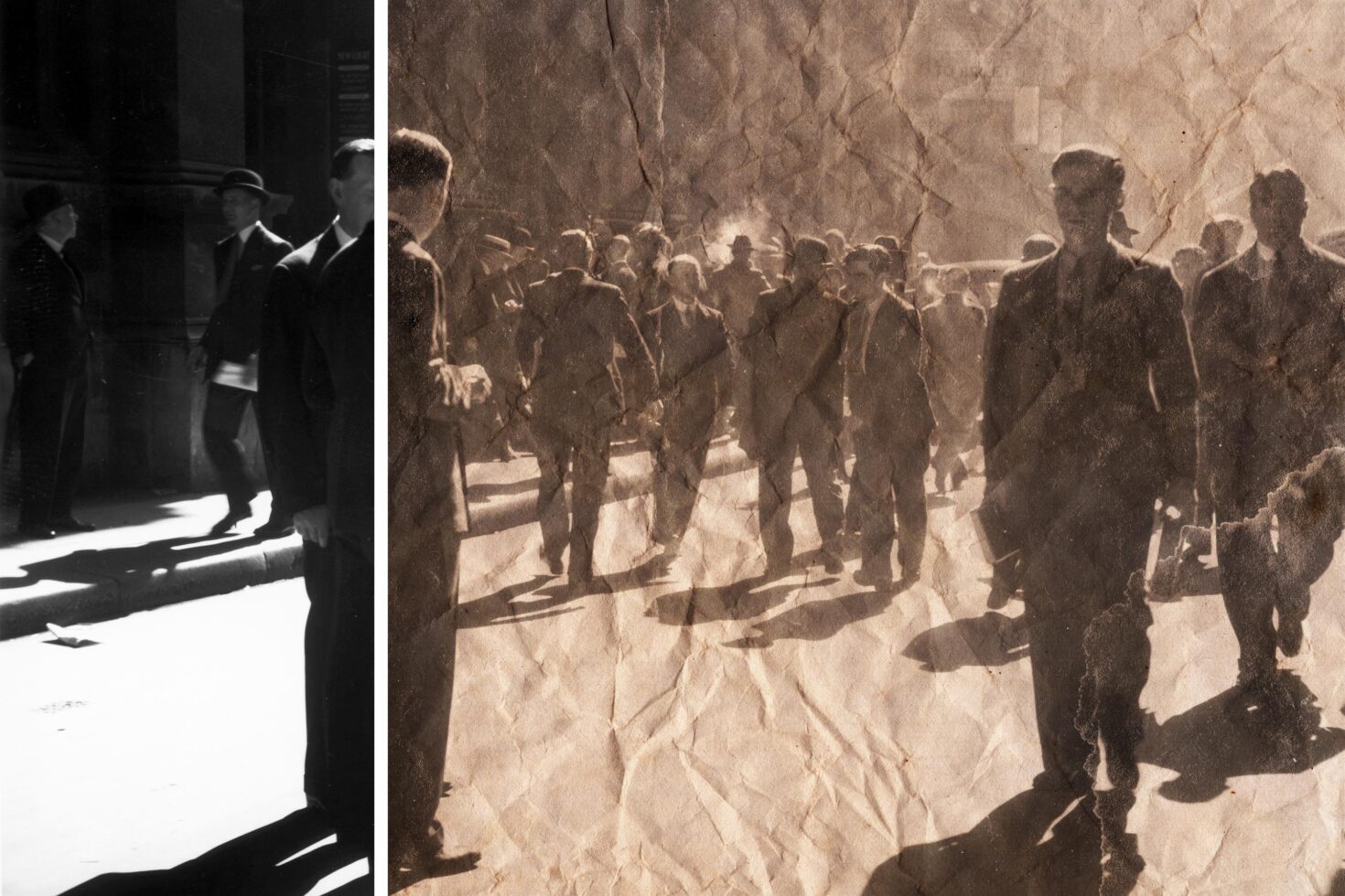 Vintage photograph of people in suits walking on a street, showing shadows and sepia tones, ideal for retro graphics, background templates, and design.