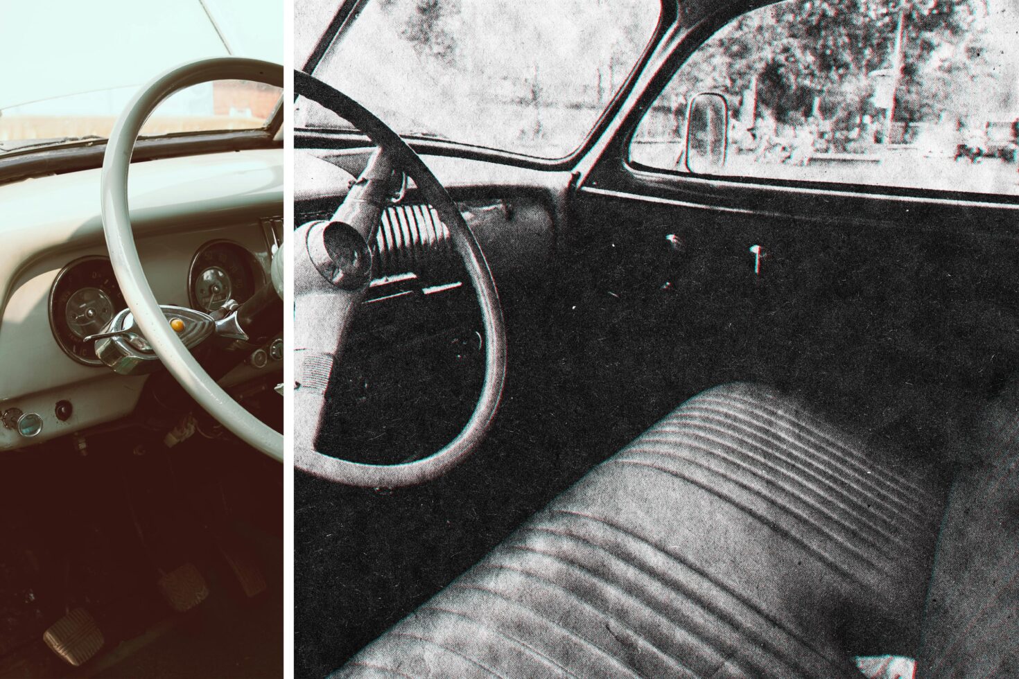 Vintage car interior with split view of steering wheel and passenger seat. Textured retro graphic suitable for designers. Keywords: vintage, car, graphic.
