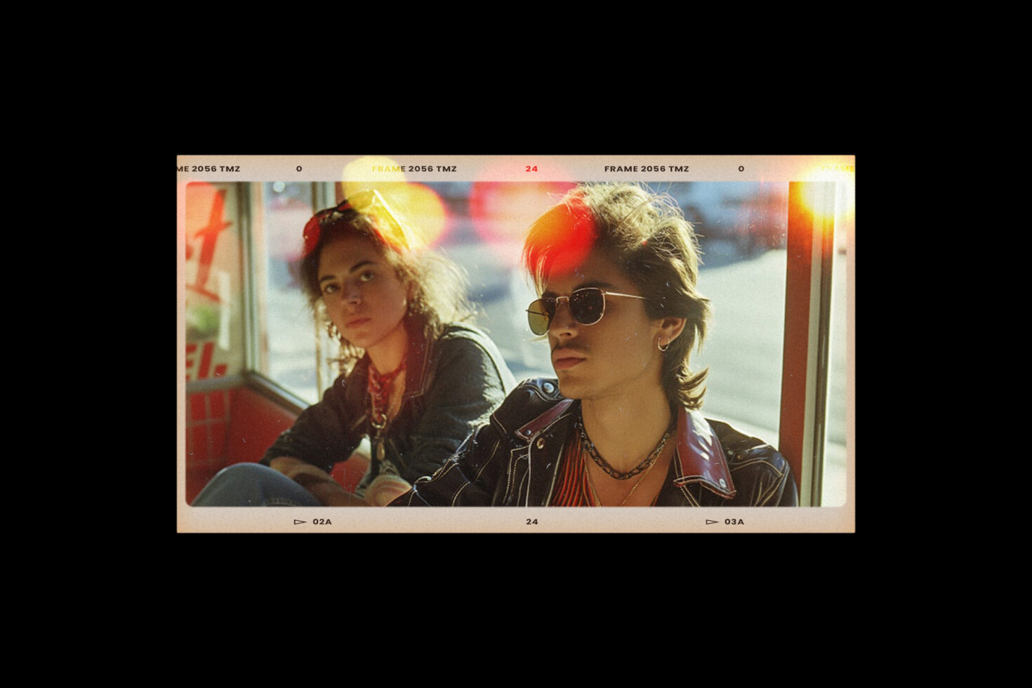 Retro photo of two people sitting in a diner with vintage fashion sunglasses and leather jackets sunlight lens flare creative photo design asset for designers