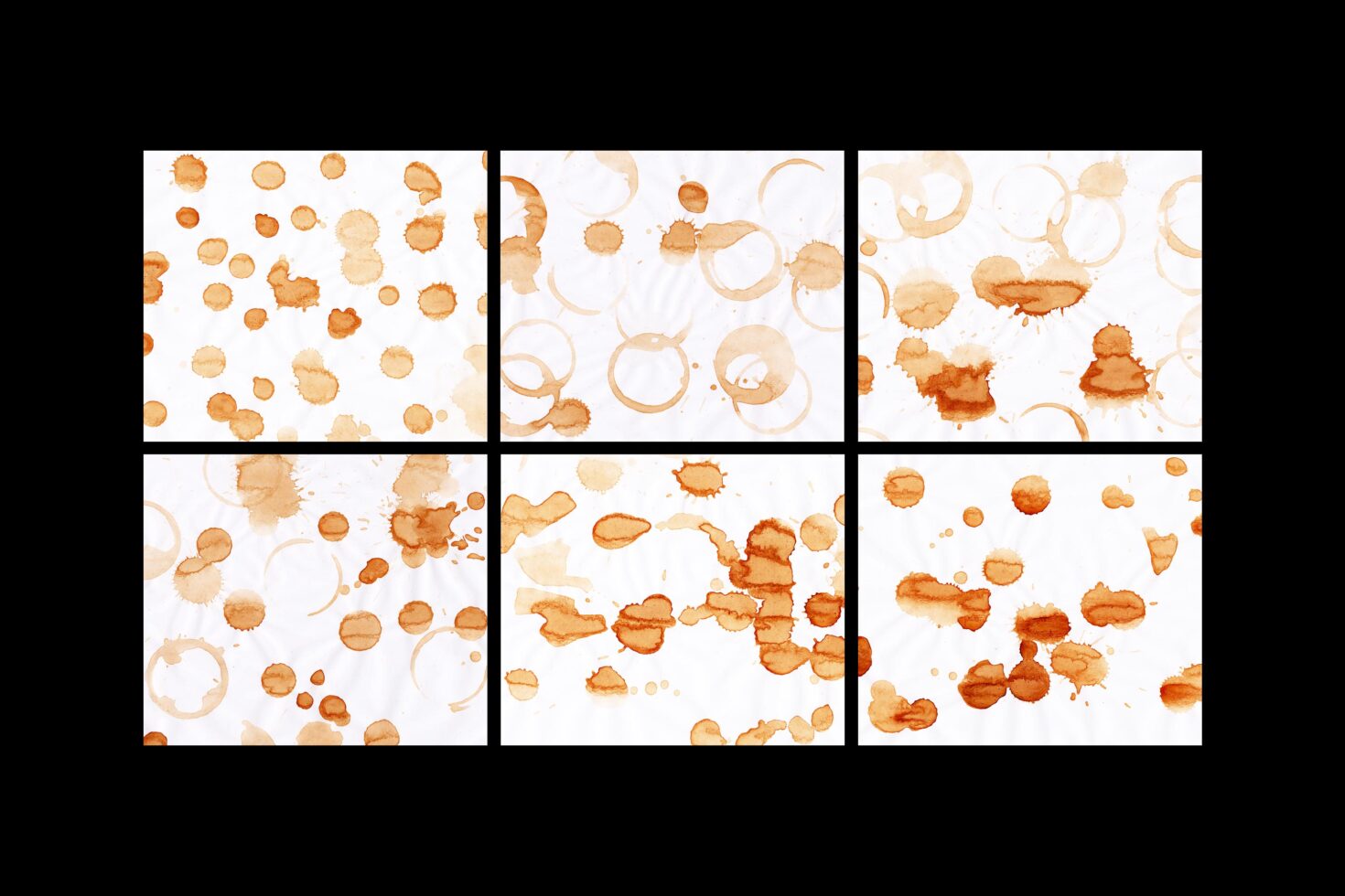 Set of six coffee stain textures on white background for graphic design. Perfect for mockups and templates. High-resolution digital assets for designers.