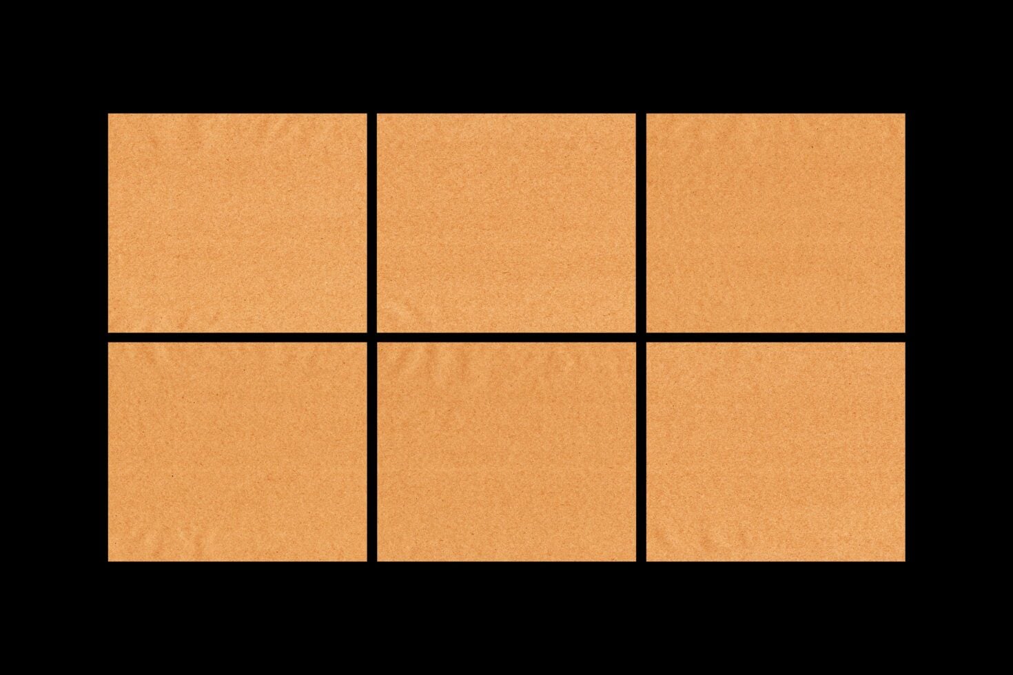 Six kraft paper squares arranged in a 2x3 grid with black dividing lines