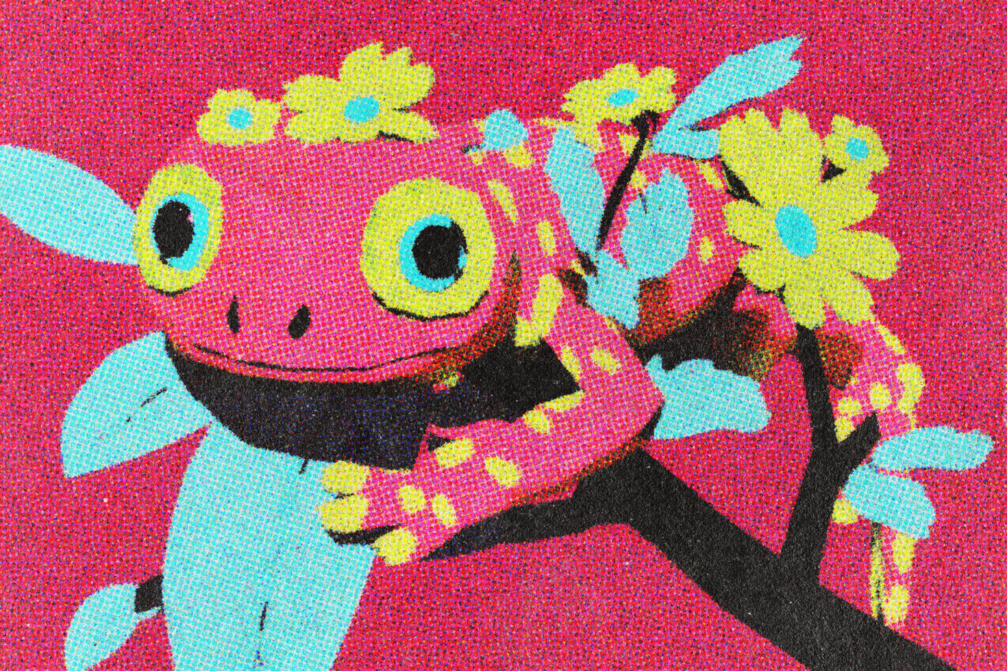 Colorful lizard illustration with a pixelated effect featuring vibrant yellow flowers on red background suitable for digital graphic design asset marketplaces.