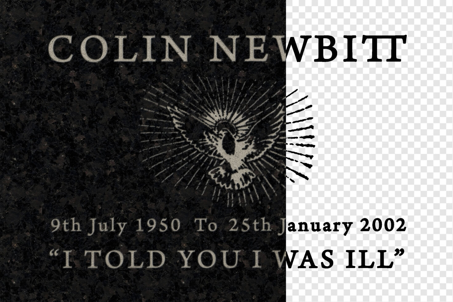 Dark memorial design with engraved text and dove illustration; suitable for designers seeking unique mockup graphics or template elements.