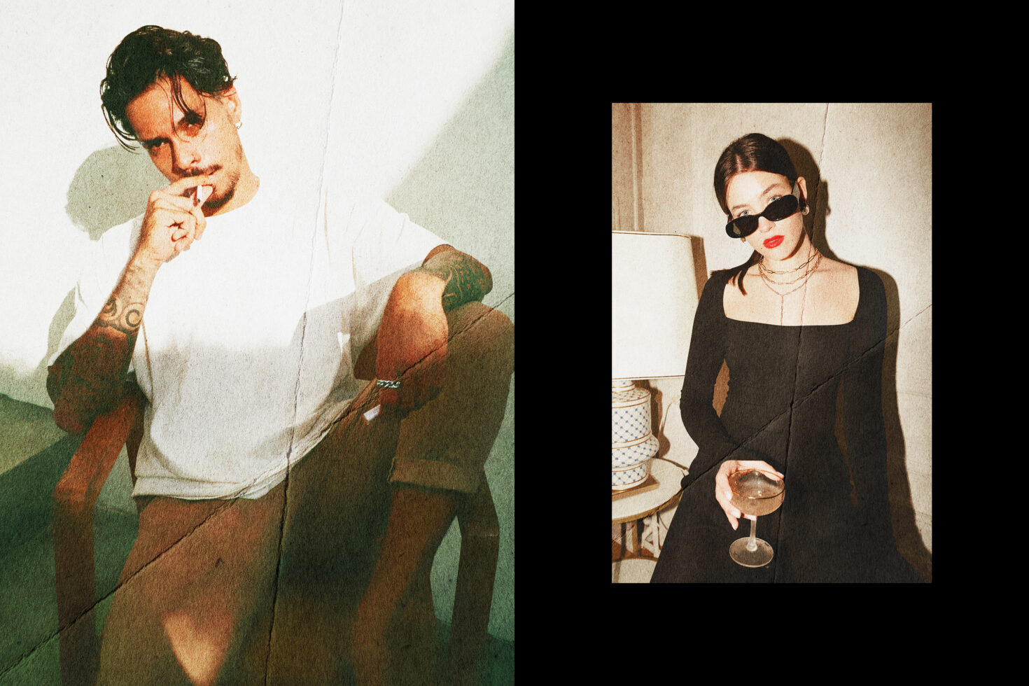 Stylish duo portrait with vintage vibe; man seated in casual attire, woman in black holding wine, perfect for design moodboards and creative projects.