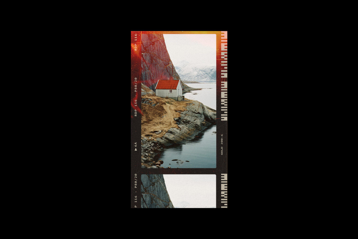 Film strip mockup featuring a scenic landscape with a cabin by a lake and snowy mountains. Ideal for graphic design projects seeking vintage aesthetics.