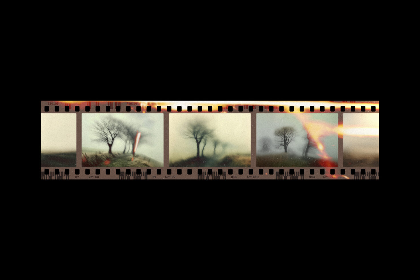 Horizontal film strip showing bare trees in misty landscape with lens flare details
