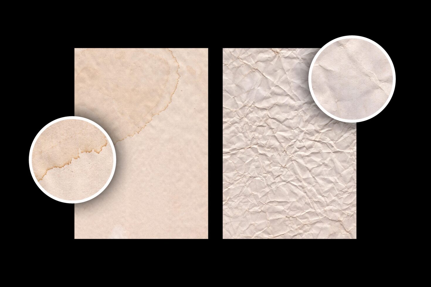 Two vintage paper textures with stains and creases, ideal for mockups and design projects. Enhance graphics with authentic aged effects for designers.