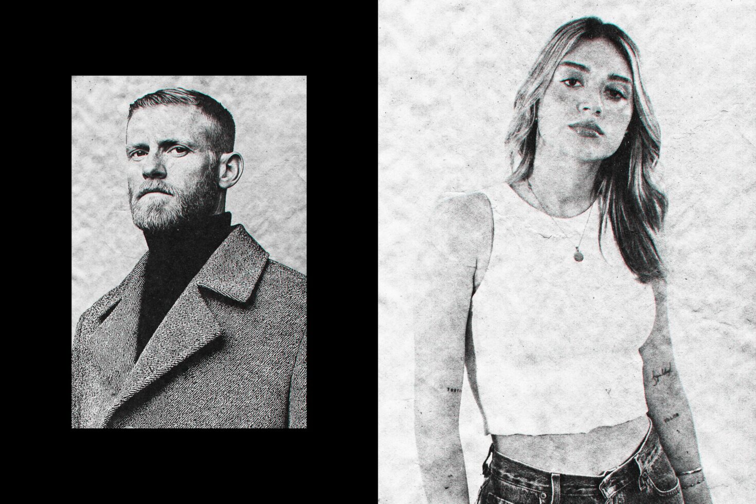 Black and white textured portraits of a man in a coat and a woman in a tank top. Ideal for graphic design, mockup presentations, artistic photography.