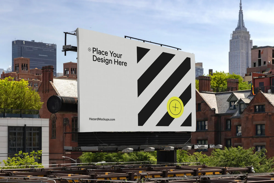 Cream billboard with black diagonal stripes, yellow circle, Manhattan skyline visible