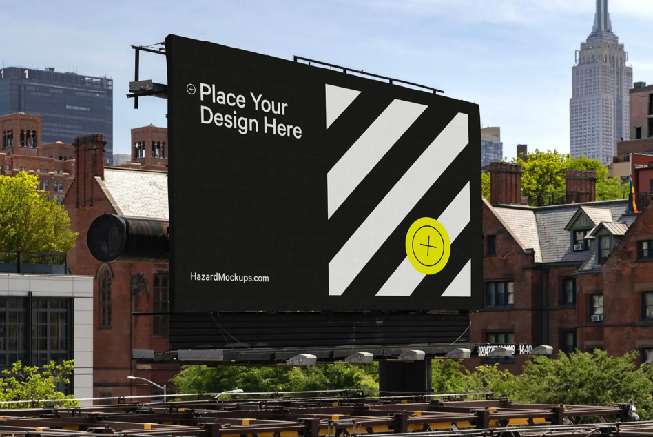 Dark outdoor billboard with geometric white stripes, bright yellow circle detail