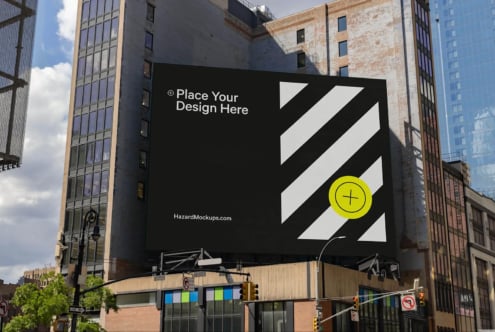 City building billboard mockup with customizable design space. Urban setting for digital assets. Ideal for designers. Mockups, templates, graphics.