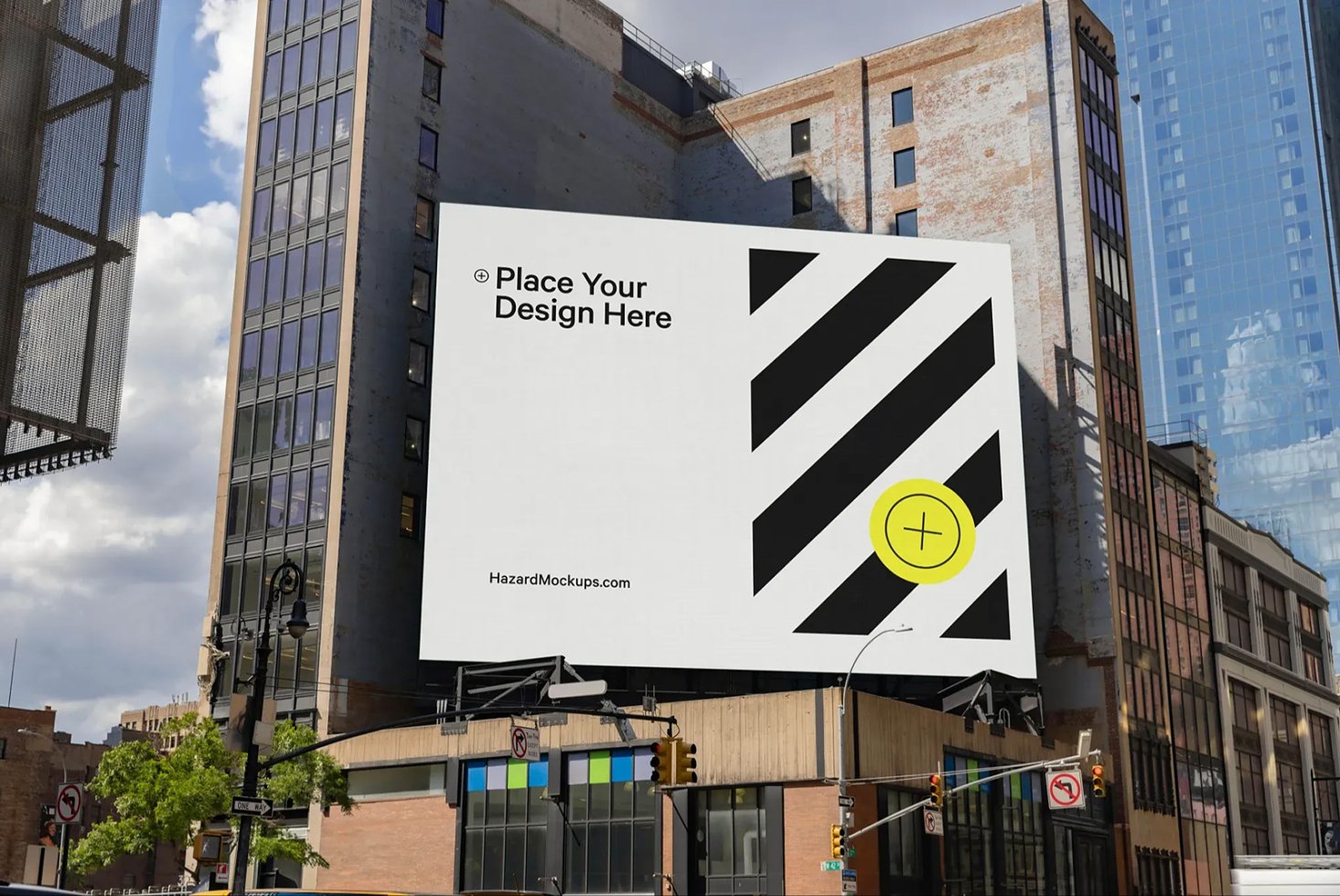 Billboard mockup on urban building ready for designer artwork display with customizable space. Ideal for showcasing graphics, marketing designs.