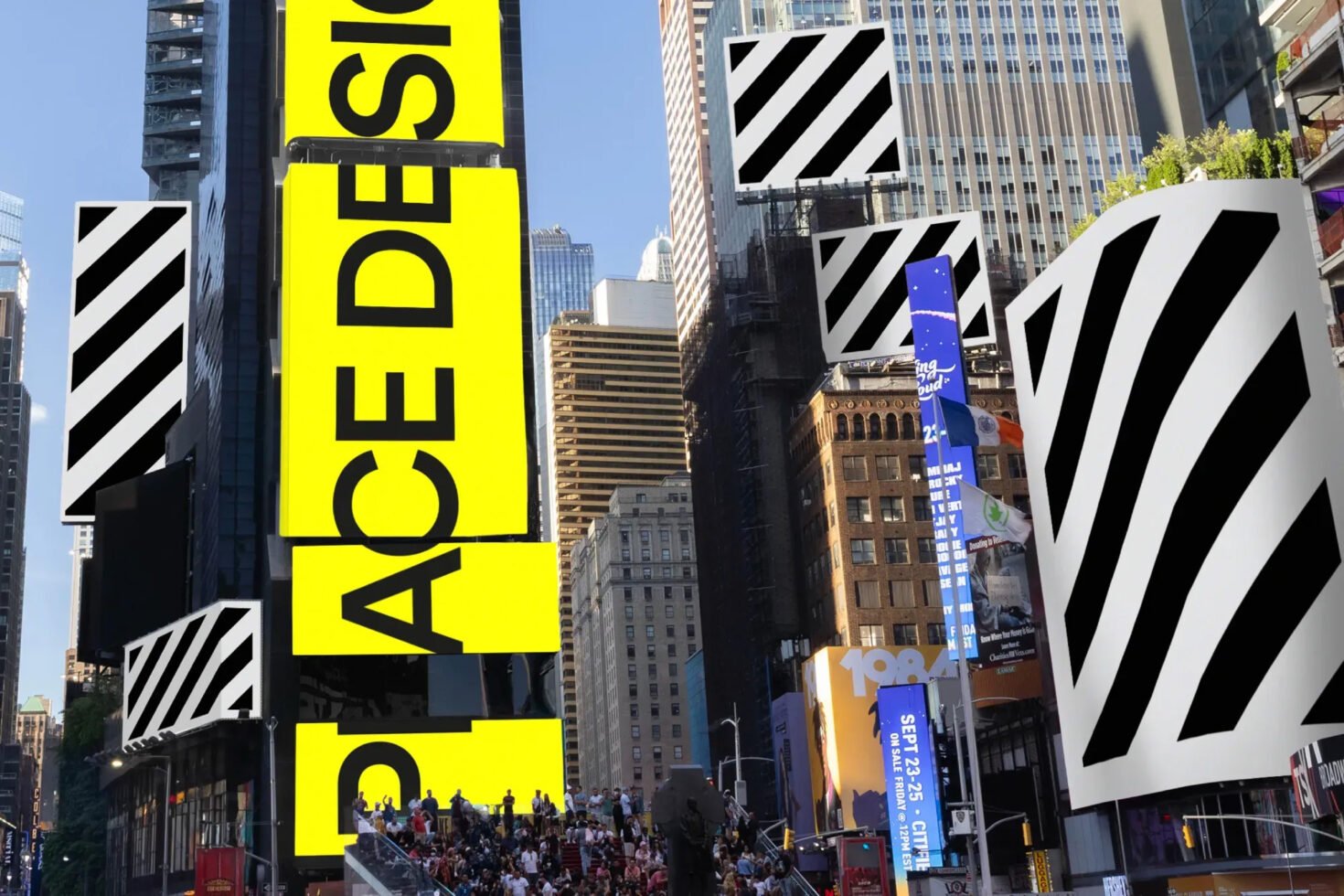 Cityscape mockup with bold black yellow billboard design and striped patterns in urban setting ideal for graphic design digital assets templates advertising