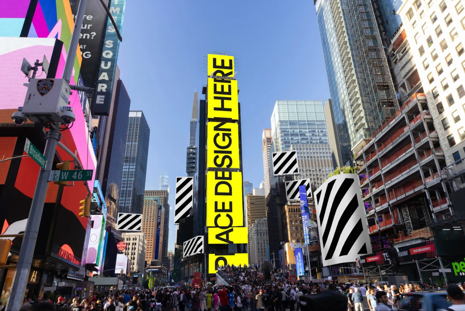 Busy Times Square street view with yellow sign mockup, crowds, colorful surrounding advertisements