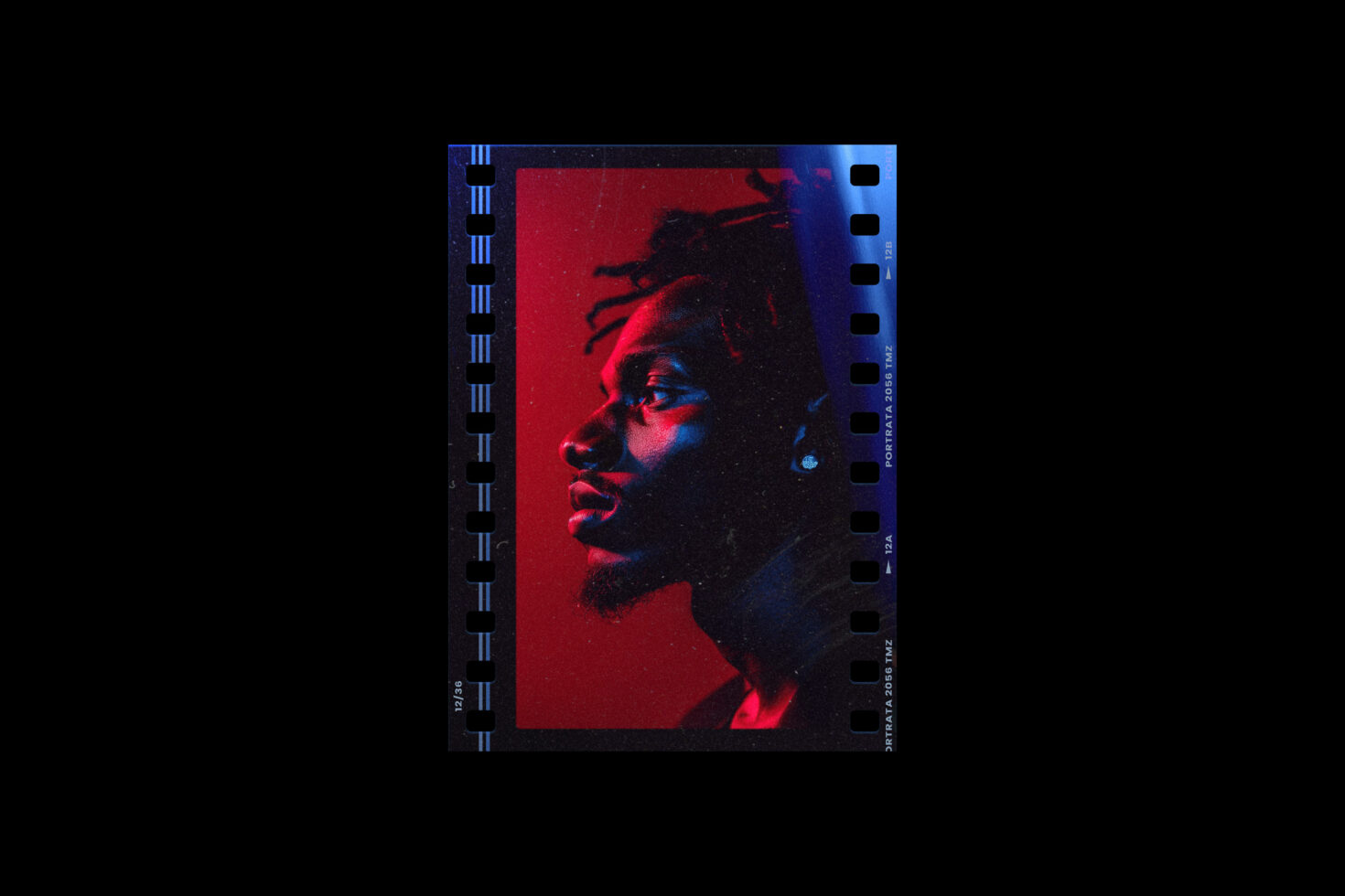 Film-inspired portrait graphic with dramatic red and blue lighting, suitable for creative design mockups and templates, ideal for designer projects.