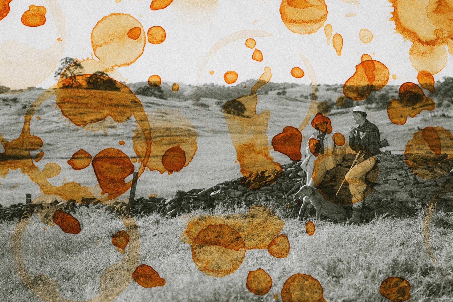 Vintage countryside scene with hunters and dog, overlaid with artistic coffee stain pattern, ideal for graphics, texture creation, and design inspiration.