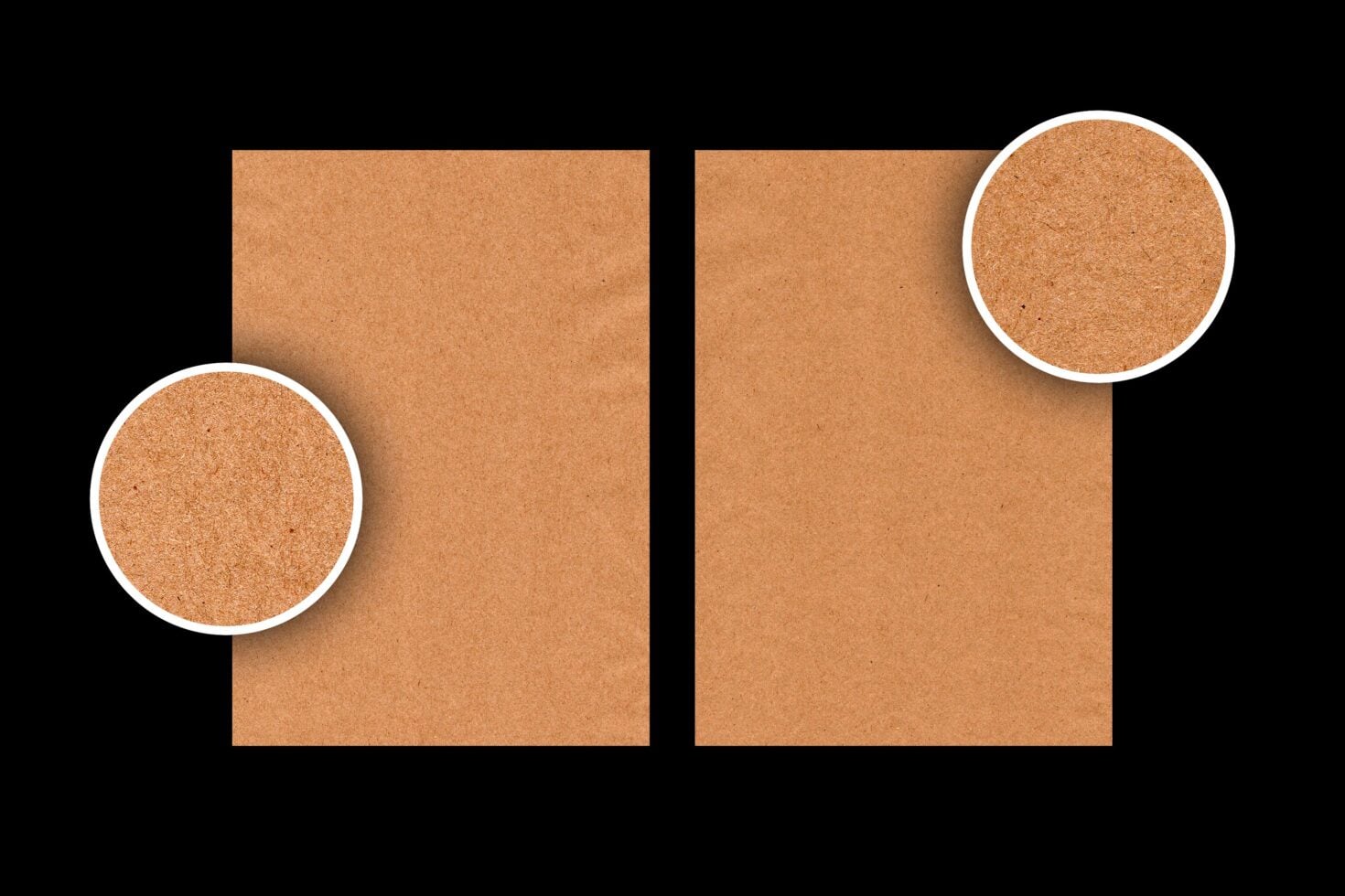 Two cork paper swatches with magnified circular detail closeups on black background