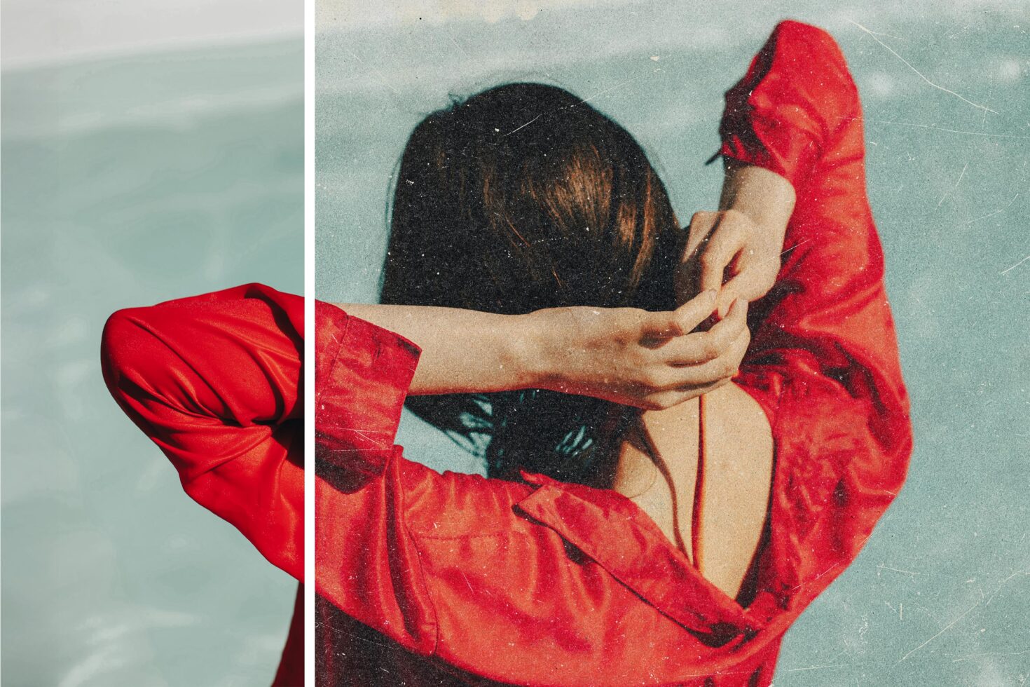 Back view of woman in red shirt by water. Vintage filter effect with texture overlay. Ideal for graphics projects. Photography, fashion, creative design.