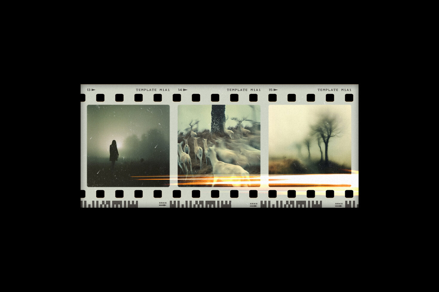 Film strip mockup featuring mystical landscape scenes including a silhouette, herd of deer, and trees in mist. Perfect for creative graphic design projects.