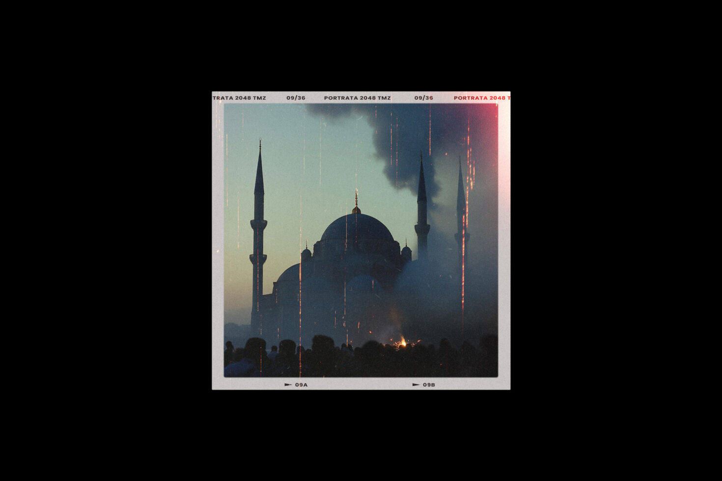 A vintage film-style photo of a mosque silhouette at sunset surrounded by smoke, ideal for graphic design templates and digital mockups.