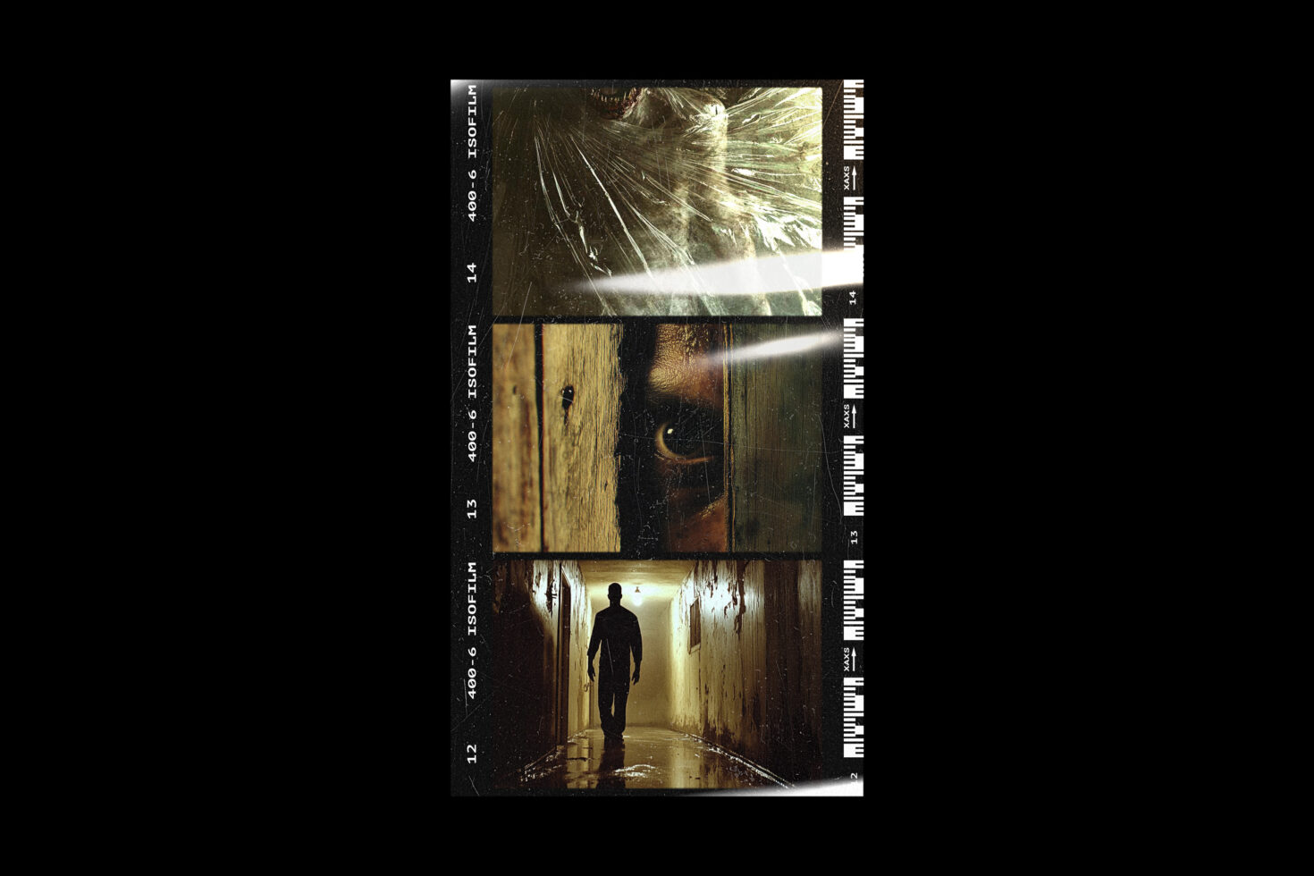Vertical film strip mockup with moody shots of trees, interior tunnel, atmospheric lighting