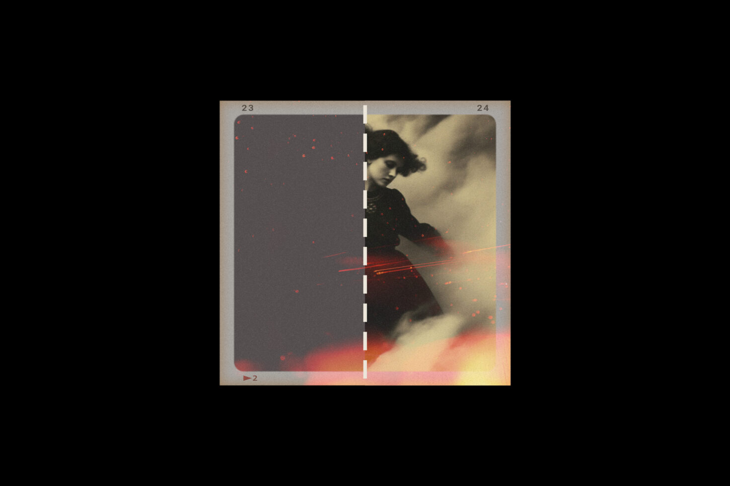 Vintage photo collage with split composition dark and bright tones grain effect sparks digital art graphic design resource for creative projects.